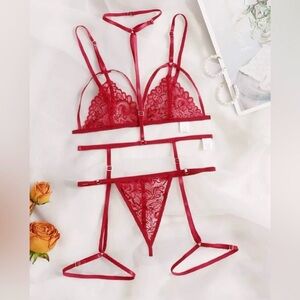 Red Floral Lace Garter Lingerie Set With Choker. Size M